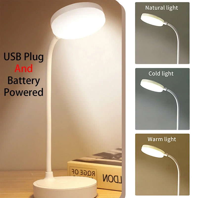 Portable LED Desk Lamp – USB & Battery Powered with 3-Color Stepless Dimming
